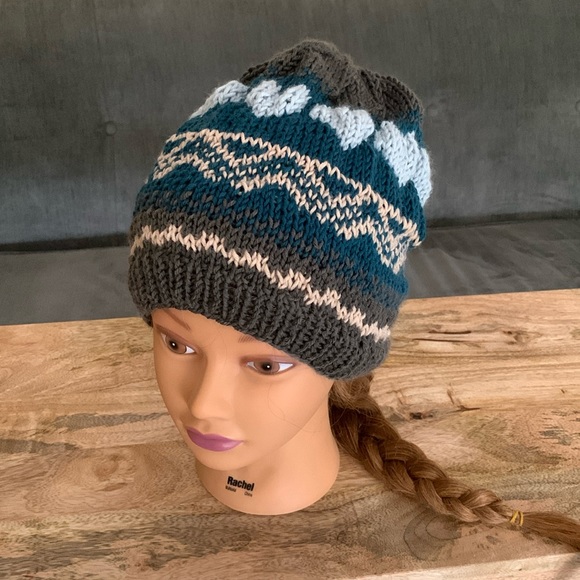 Hand Crafted Accessories - Fair Isle Hand Knitted Hat with Hearts and geometrical pattern -Merino Superwash
